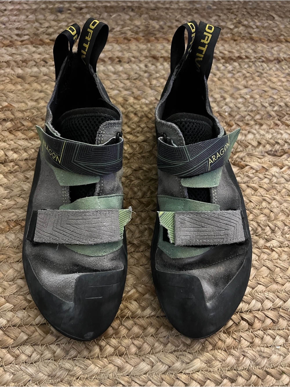 La Sportiva Aragon Climbing Shoes - Gray, Green & Yellow Accents